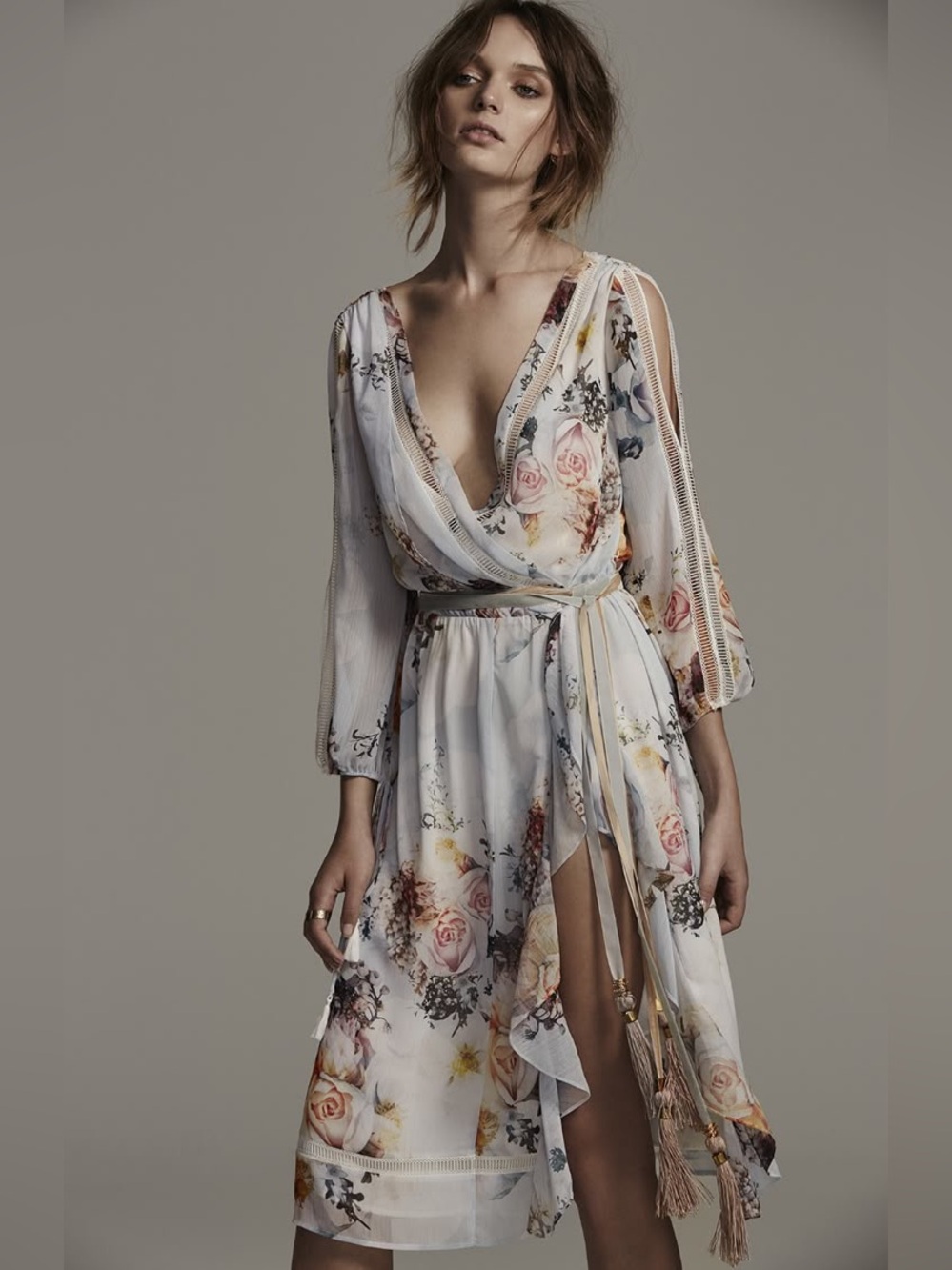 We Are Kindred Primrose Split Sleeve Midi Dress | Posie Floral Wrap Dress Size 4